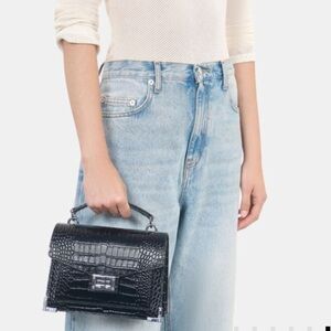 NEW The Kooples EMILY SMALL CROCODILE-EFFECT BAG BLACK LEATHER Silver